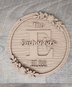 Letter & family name on woodgrain round