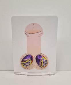 Printed Willie cream egg holder on white plaque