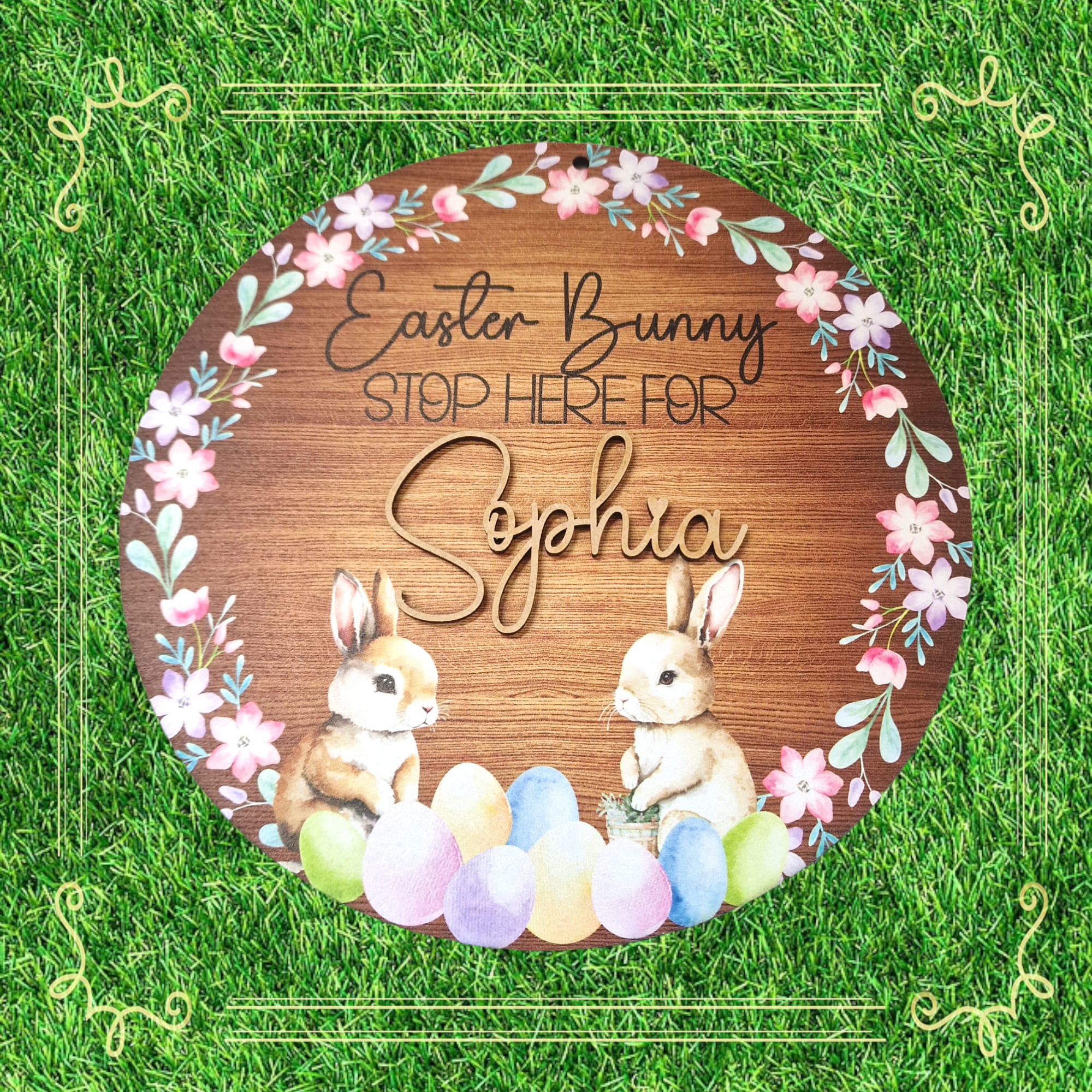 23cm Printed round - Bunnies with eggs and wreath