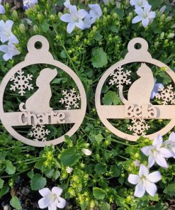 Cat and Dog MDF bauble with snowflake and stick on name