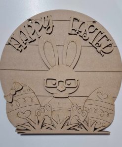 round easter bunny with glasses plaque