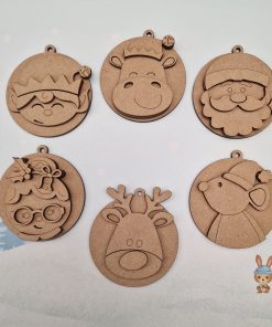 6 baubles with christmas characters including hippo and mouse