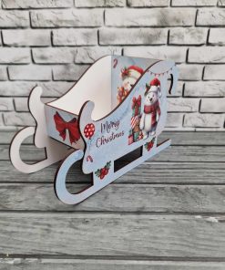 Alternative view of 3D white MDF sleigh - with VINYL - bear and balloon design