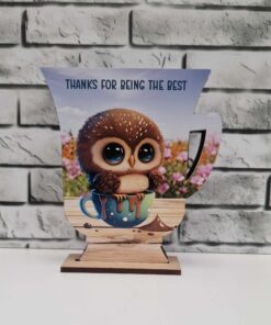 Vinyl and white MDF sachet holding mugs - owl in chocolate - Image 3