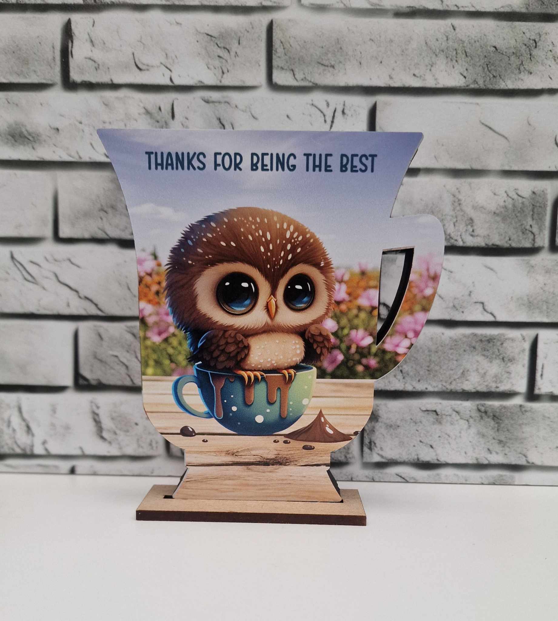 Vinyl and white MDF sachet holding mugs - owl in chocolate - Image 3