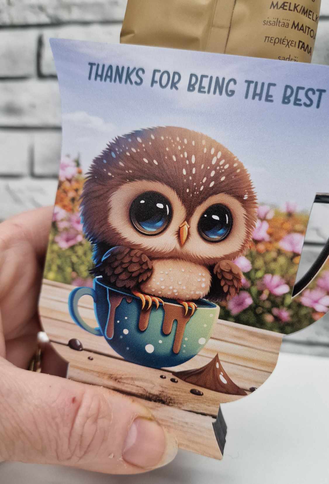 Vinyl and white MDF sachet holding mugs - owl in chocolate - Image 2