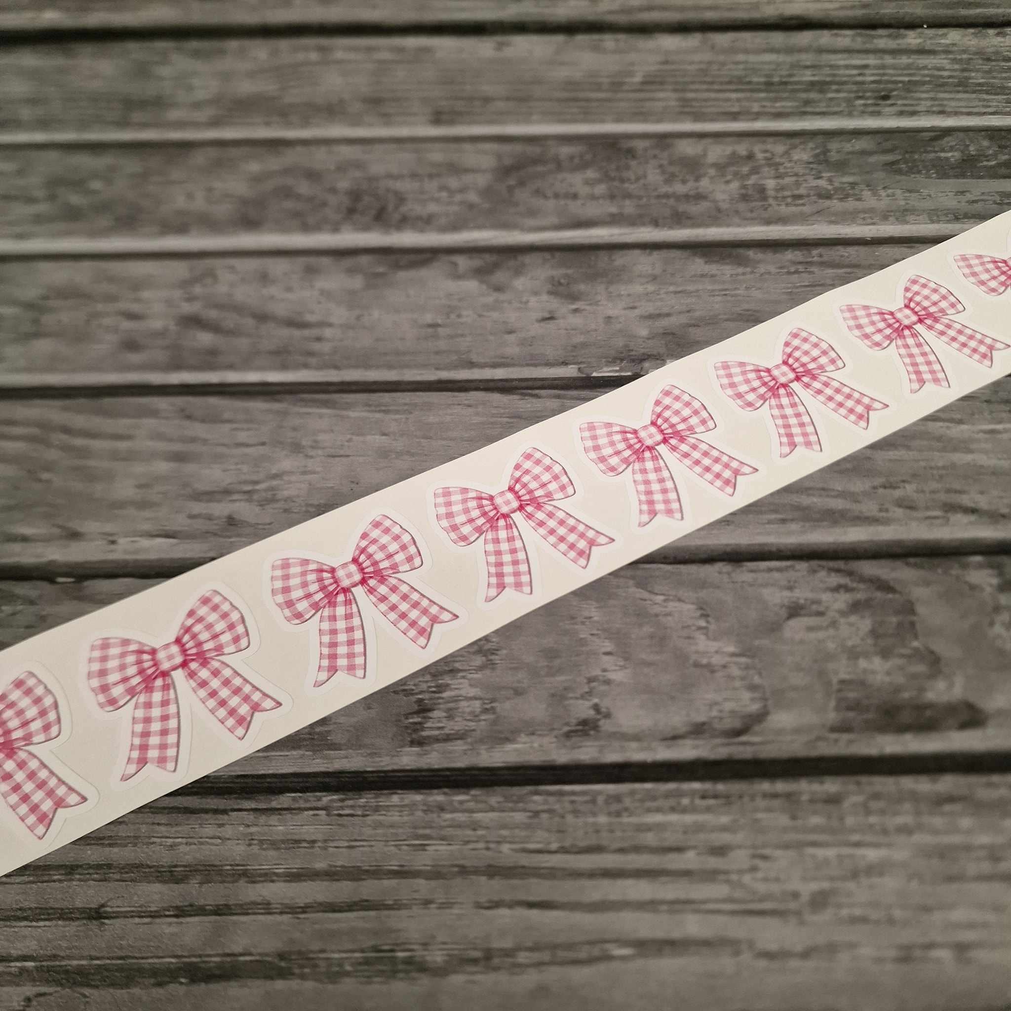 Pink gingham bow vinyl packaging stickers - Image 5