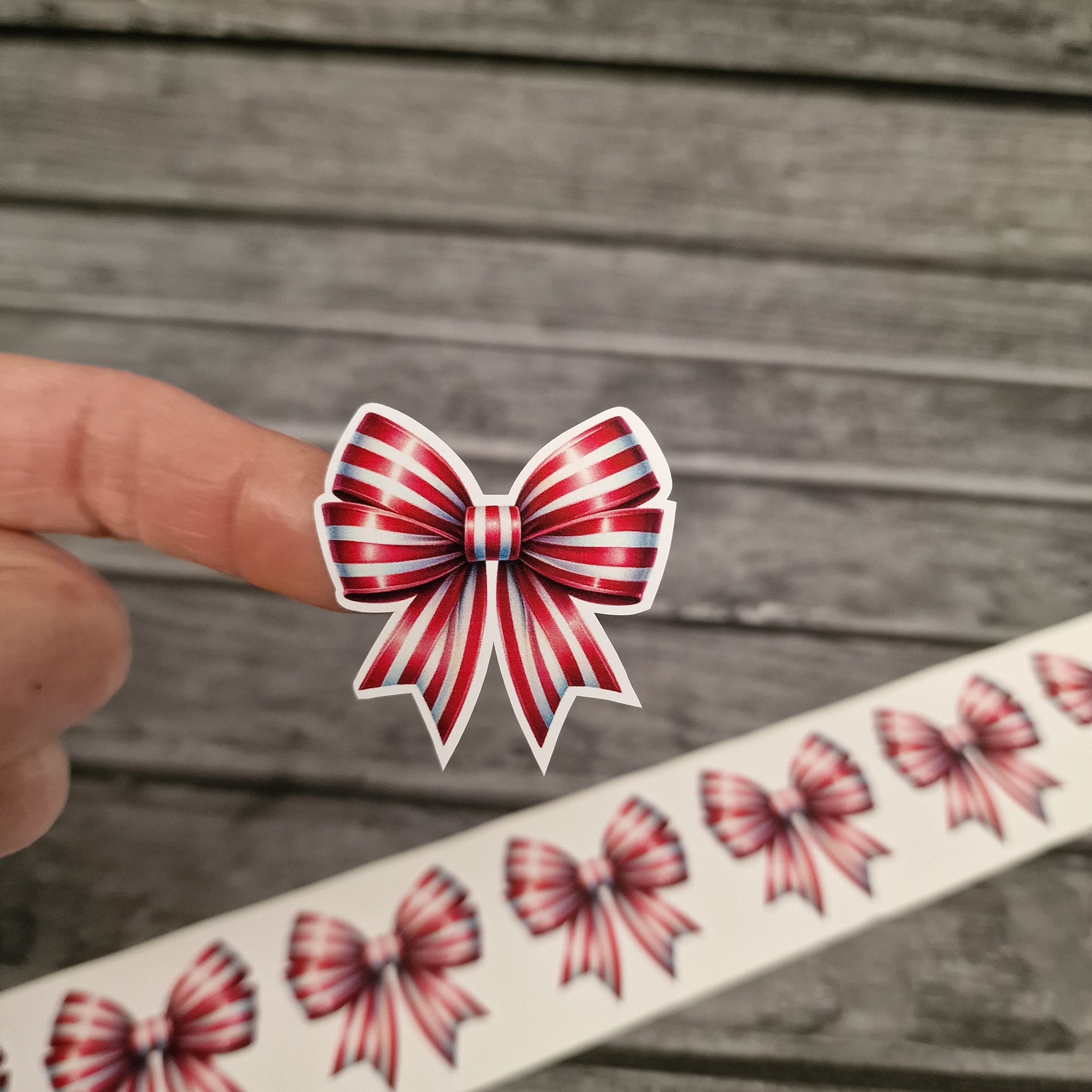 Red stripe bow vinyl packaging stickers - Image 3