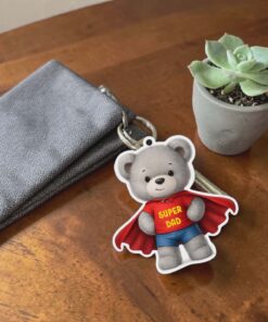 UV DTF - FA 018 - Super Teddy Keyring - 4 pack - SUPER DAD, Decals, acrylic blanks with split ring and connector