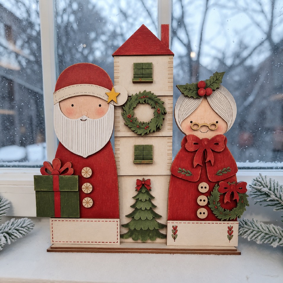 Santa with house & Mrs Claus on a base