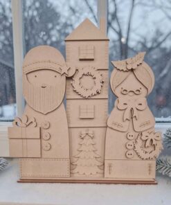 Santa with house & Mrs Claus on a base