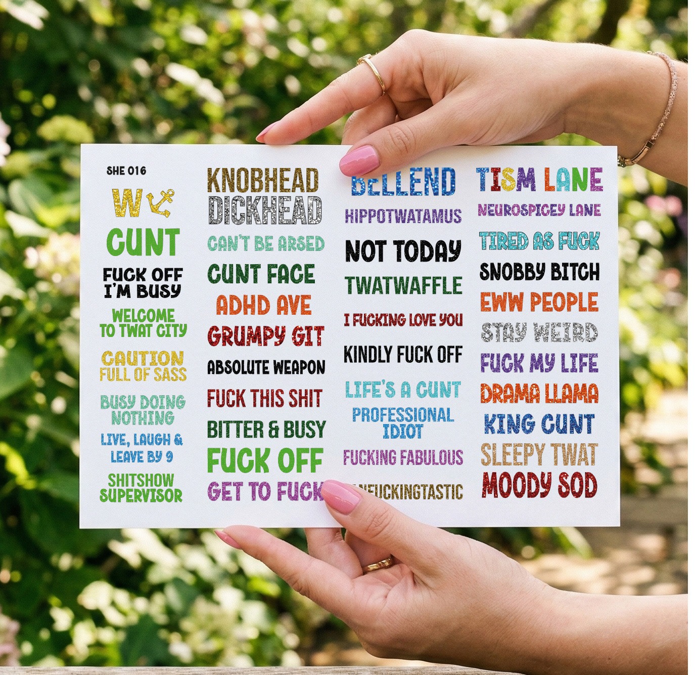 UV DTF – SHE 016 sheet of Swearys for 8cm reg keyrings