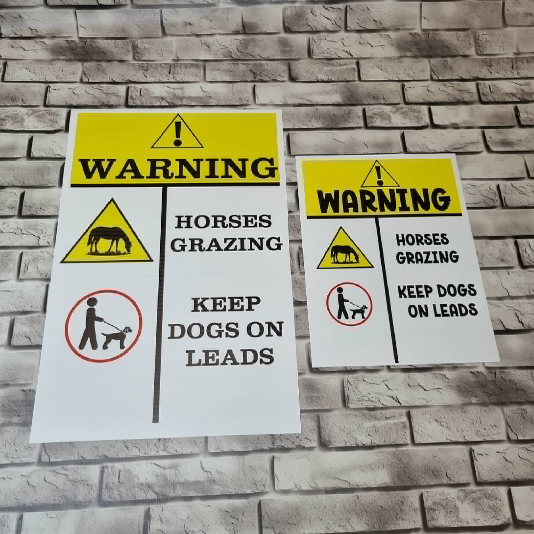 Equestrian warning caution sign banners- Warning. Horses grazing. Keep dogs on leads