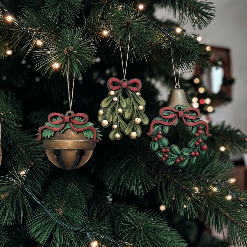 Mistletow, Bell and Wreath bauble set