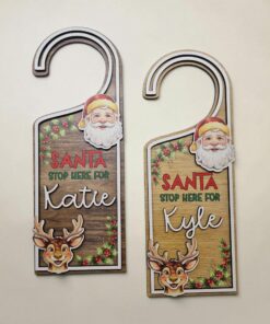 Door hanger, printed Santa & Reindeer on light and dark wood