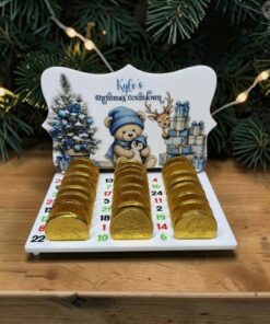 Printed Coin / Ball / Bar advent - Fancy - Blue Teddy with presents