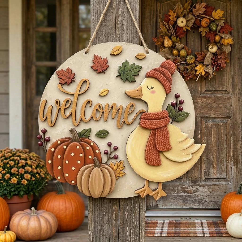 Welcome Pumpkin Duck in scarf 23cm